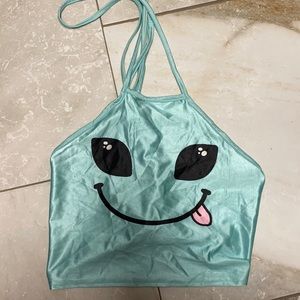 Blue Alien smiley rave crop top